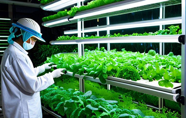 **

A modern vertical farm in Kuala Lumpur, Malaysia. Lush green leafy vegetables and herbs growing in stacked layers under LED lights. Robotic arms tending to the plants. In the background, the Petronas Twin Towers are visible. Safe for work, appropriate content, fully clothed farm workers in clean uniforms, professional, perfect anatomy, natural proportions, high quality, detailed.

**